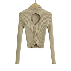 Chest Hollow Out Cutout Elastic Bottoming Top Long Sleeve Slim Fit Knitwear