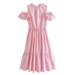Robe élégante à rayures et manches volantées, dos nu, avec coutures à volants