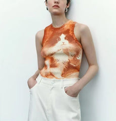 All Matching Pullover round Neck Sleeveless Cat Knitted Vest Top