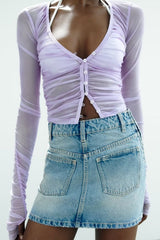 V neck Long Sleeve Single Breasted Slim Fit Pleated Shirt