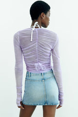 V neck Long Sleeve Single Breasted Slim Fit Pleated Shirt
