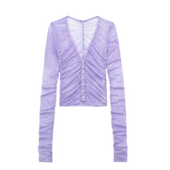 V neck Long Sleeve Single Breasted Slim Fit Pleated Shirt