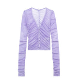 V neck Long Sleeve Single Breasted Slim Fit Pleated Shirt