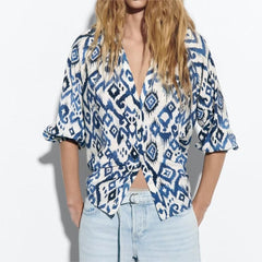 Loose Casual Long Sleeves V Neck Printed Shirt