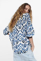 Loose Casual Long Sleeves V Neck Printed Shirt