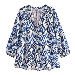 Loose Casual Long Sleeves V Neck Printed Shirt