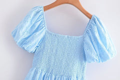 French Hollow Out Cutout Blue Elastic Wrapped Chest Bubble Sleeve Square Collar Princess Dress Puff Sleeve Dress