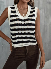Crochet Cutout Colorblock Striped Casual Tank Top