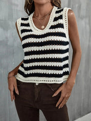 Crochet Cutout Colorblock Striped Casual Tank Top