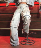 Lockere Multi-Pocket-Hose Retro Mid-Waist-Overalls Jeans