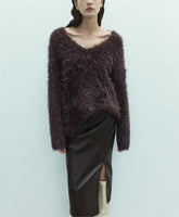 Pull épais décontracté à col en V en mohair