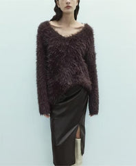 Pull épais décontracté à col en V en mohair