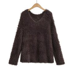 Pull épais décontracté à col en V en mohair