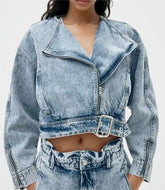 Lockerer, schlankmachender Denim-Windbreaker-Mantel mit Kragen