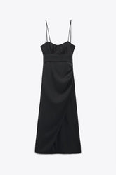 Robe longue à bretelles et col en V, couleur unie, taille serrée, fente latérale