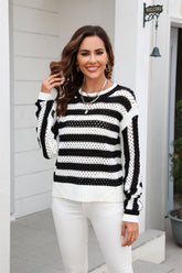 Early Hollow Out Cutout Striped Crew Neck Long Sleeves Knitwear Oversized Pullover