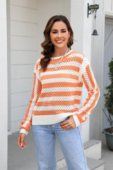 Früher, ausgehöhlter, Ausschnitt, gestreifter Rundhalsausschnitt, lange Ärmel, Strickmode, übergroßer Pullover