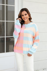 Fall Patchwork Stripes Contrast Color round Neck Knitwear Pullover Sweater
