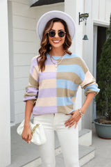 Fall Patchwork Stripes Contrast Color round Neck Knitwear Pullover Sweater