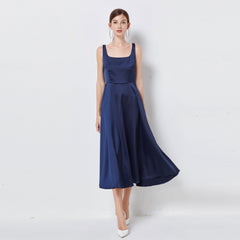 Satin U Collar Sleeveless Elegant Hepburn Style Dress With Belt