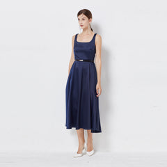 Satin U Collar Sleeveless Elegant Hepburn Style Dress With Belt