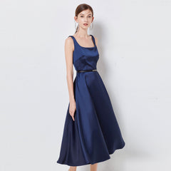 Satin U Collar Sleeveless Elegant Hepburn Style Dress With Belt