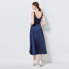 Satin U Collar Sleeveless Elegant Hepburn Style Dress With Belt