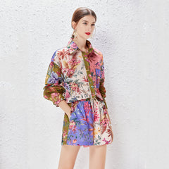 Two piece Single breasted Shirt Positioning Printed Loose Cotton Linen Loose Waist Shorts Set