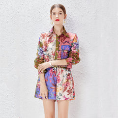 Two piece Single breasted Shirt Positioning Printed Loose Cotton Linen Loose Waist Shorts Set
