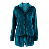 Velvet V neck Suit Collar Cardigan Long Sleeve Suit Homewear Pajamas Blue