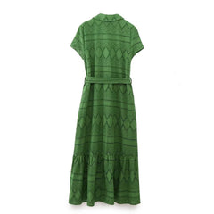 Collared Short Sleeve with Belt Hollow Out Cutout Embroidered Laminated Decoration Shirt Dress