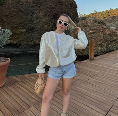 Blouson aviateur de moto décoratif à col rond et sequins