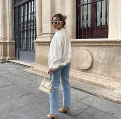 Blouson aviateur de moto décoratif à col rond et sequins