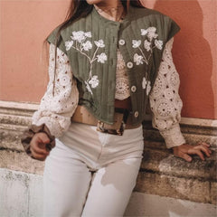 Gilet matelassé en coton brodé sans manches à col rond