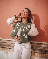 Gilet matelassé en coton brodé sans manches à col rond