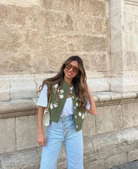 Gilet matelassé en coton brodé sans manches à col rond