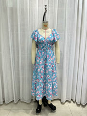 Sweet Elegant V Neck Mid Length Knee Length Short-Sleeved French Floral Chiffon Dress