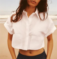 Collared Curling Short Sleeve Poplin Short Shirt