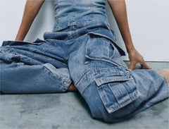 Elastic Waist Large Pocket Straight Wide Leg Jeans