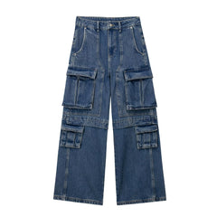 Elastic Waist Large Pocket Straight Wide Leg Jeans