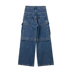 Elastic Waist Large Pocket Straight Wide Leg Jeans