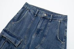 Elastic Waist Large Pocket Straight Wide Leg Jeans