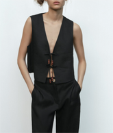 Gilet vintage en lin à col en V et perles pour les vacances