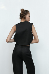 Gilet vintage en lin à col en V et perles pour les vacances