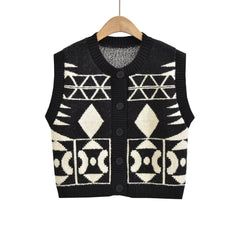 Fall Stylish Simple Breasted round Neck Long Sleeve Contrast Color Jacquard Vest Knitted Vest