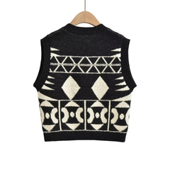 Fall Stylish Simple Breasted round Neck Long Sleeve Contrast Color Jacquard Vest Knitted Vest