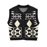 Fall Stylish Simple Breasted round Neck Long Sleeve Contrast Color Jacquard Vest Knitted Vest