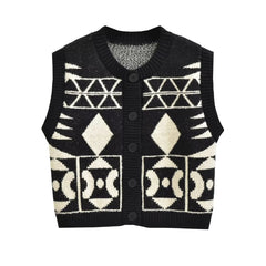 Fall Stylish Simple Breasted round Neck Long Sleeve Contrast Color Jacquard Vest Knitted Vest