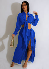 Shirt Dress Two Piece Tassel Lace Suit Lace up Slit Skirt