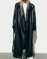 Herbst mit Gürtel Schwarzer Trenchcoat aus Kunstleder